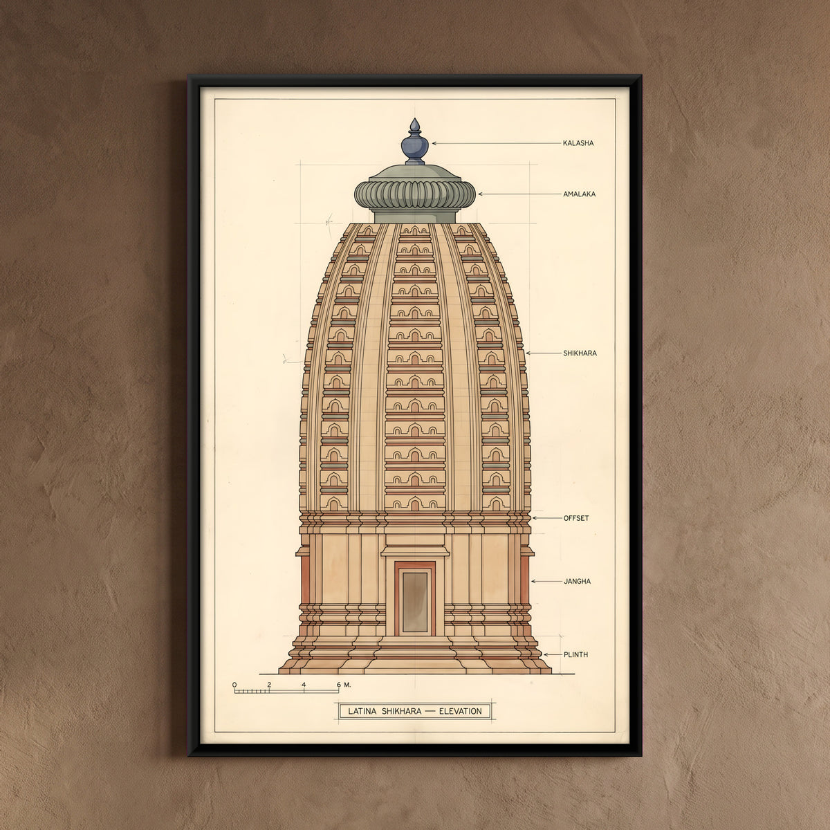 Latina Shikhara Elevation - framed canvas art hung on a wall