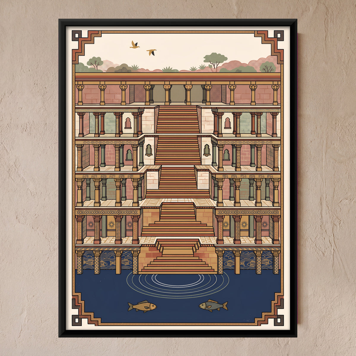 Stepwell with Fish Pool - framed canvas art hung on a wall