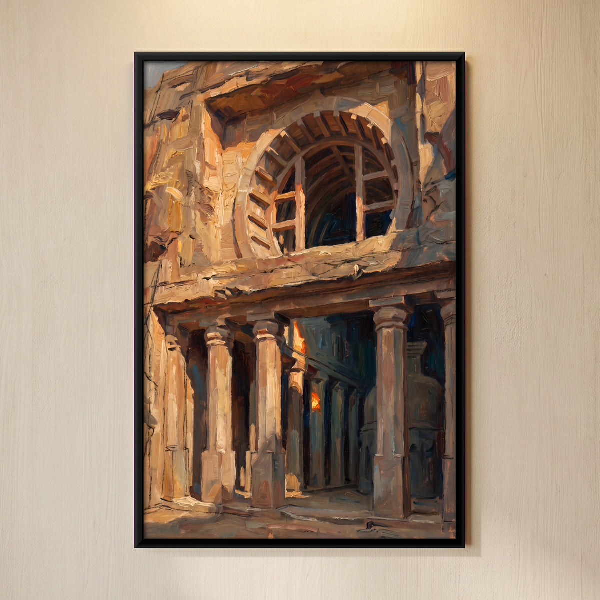 Ruined Stone Facade - framed canvas art hung on a wall