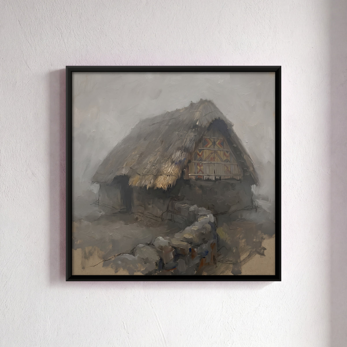 Thatched Hut in the Mist - framed canvas art hung on a wall