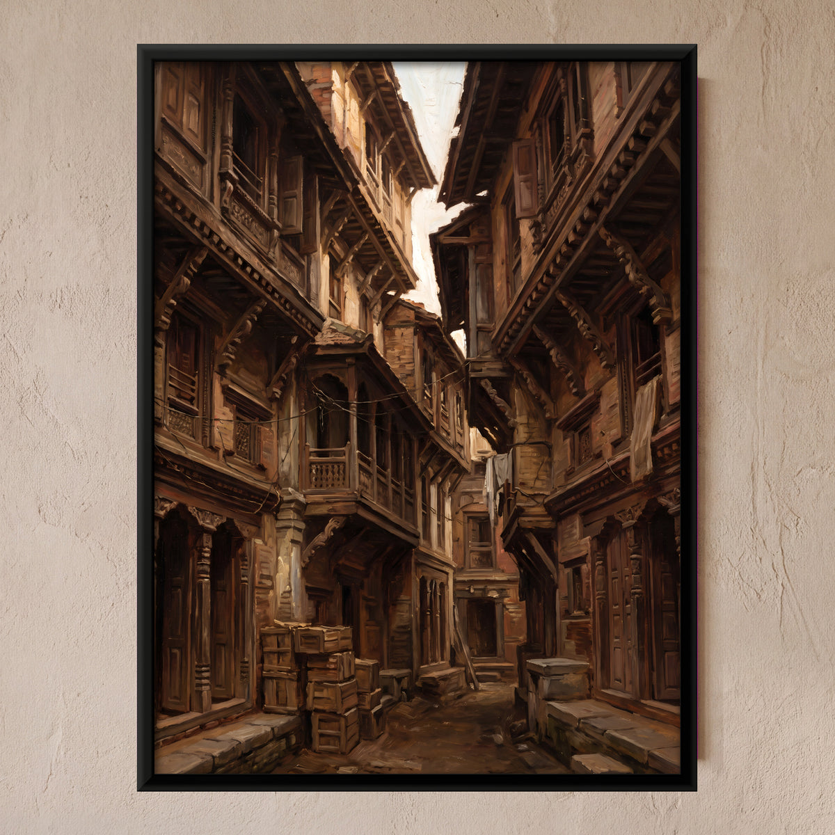 Narrow Lane of Carved Havelis - framed canvas art hung on a wall