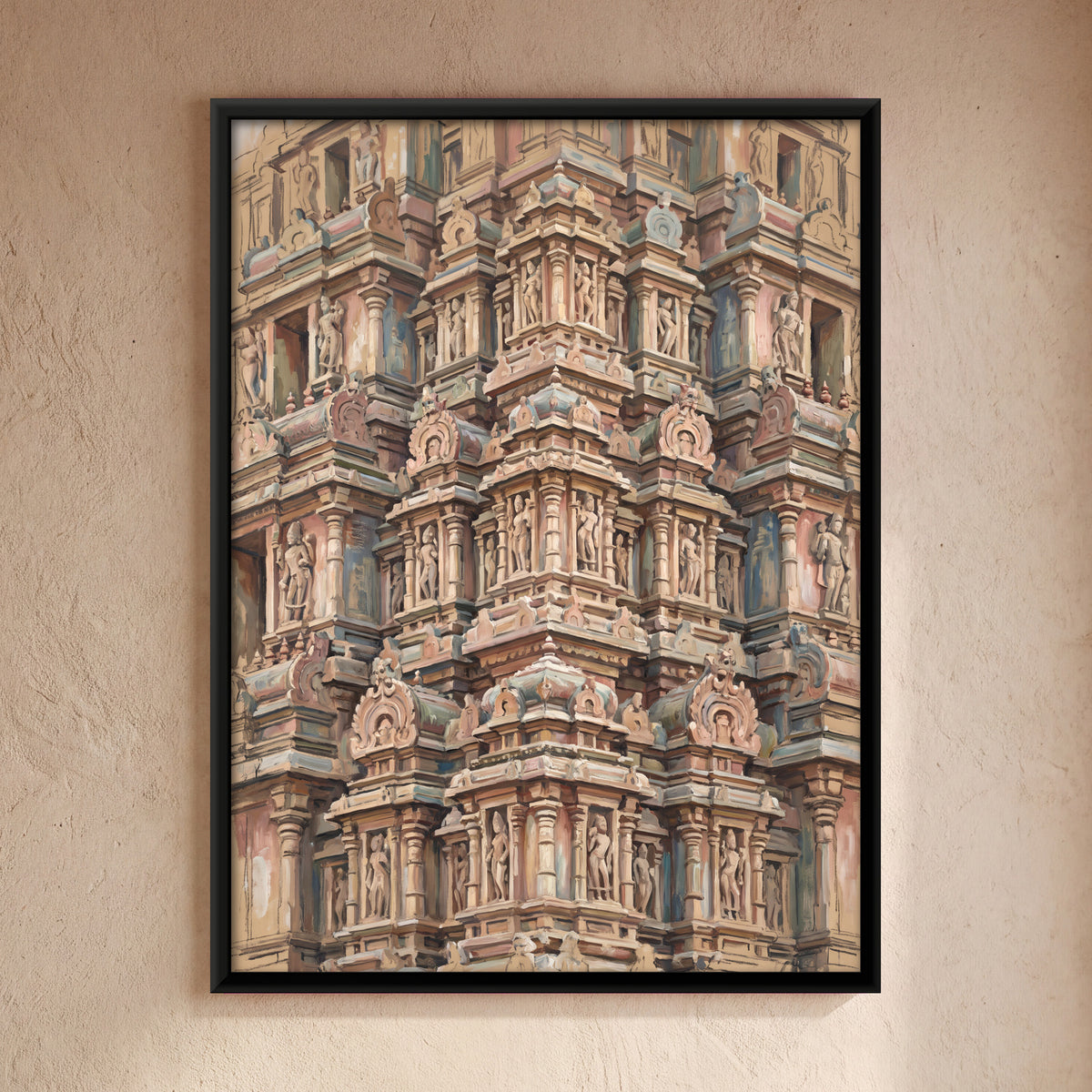Carved Temple Tower - framed canvas art hung on a wall