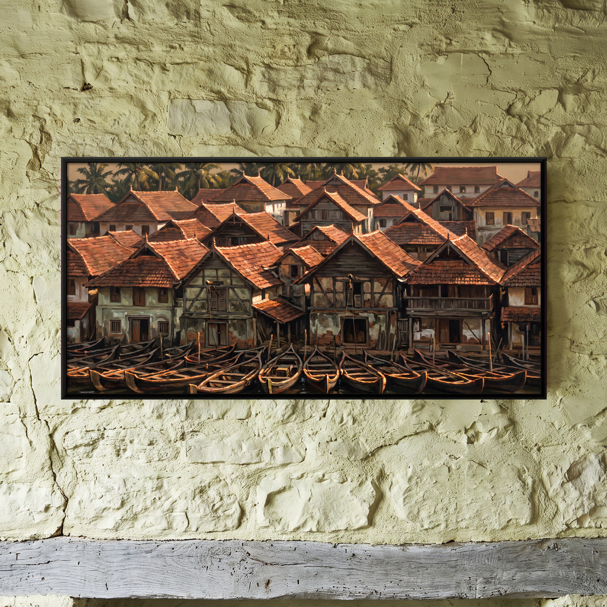 Kerala Backwater Village with Boats - framed canvas art hung on a wall