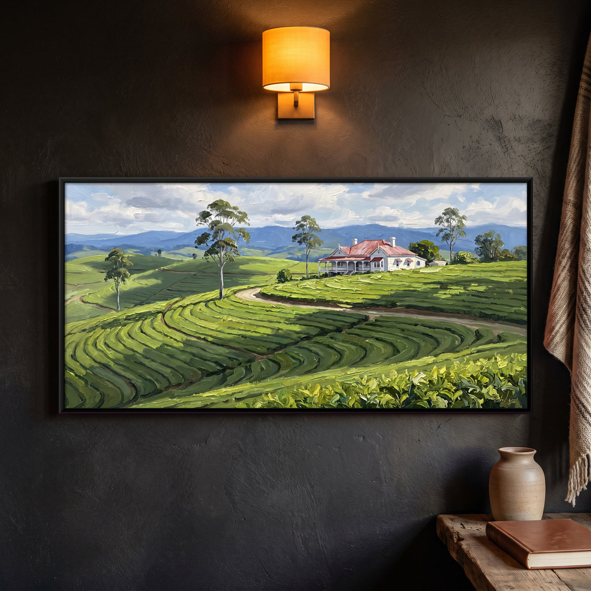 Tea Plantation Hills - framed canvas art hung on a wall