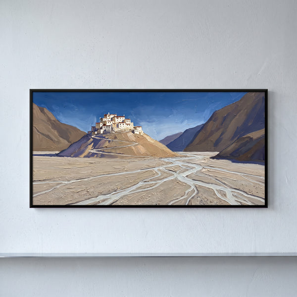Whitewashed Himalayan Monastery Above a Braided River