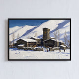 Stone Village and Tower in Deep Snow