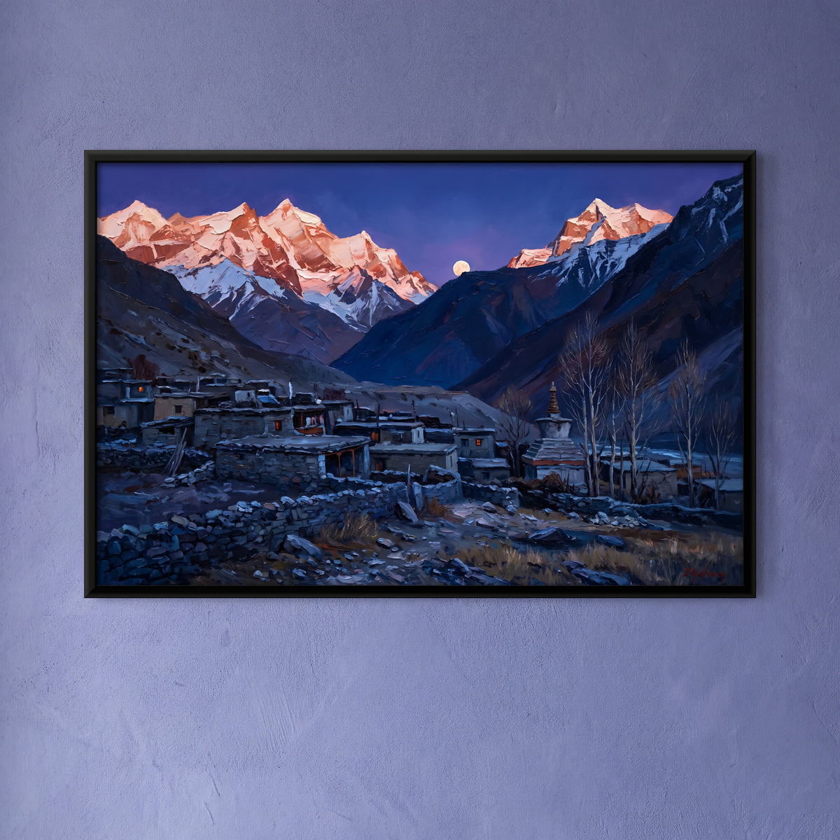 Moonrise over a Himalayan Village - framed canvas art hung on a wall