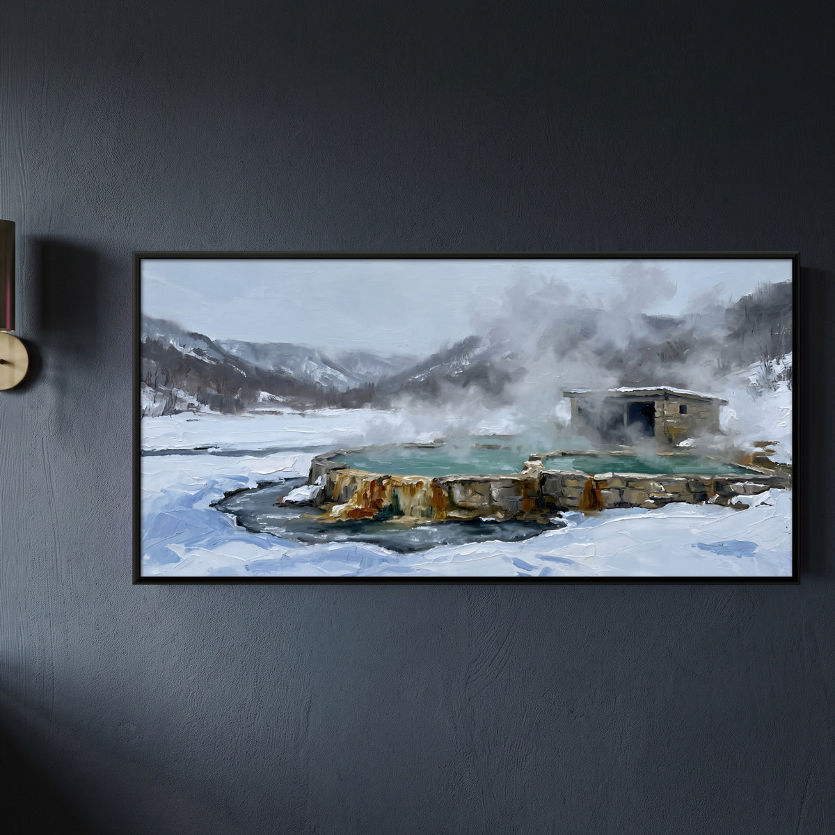 Hot Spring in the Snow - framed canvas art hung on a wall