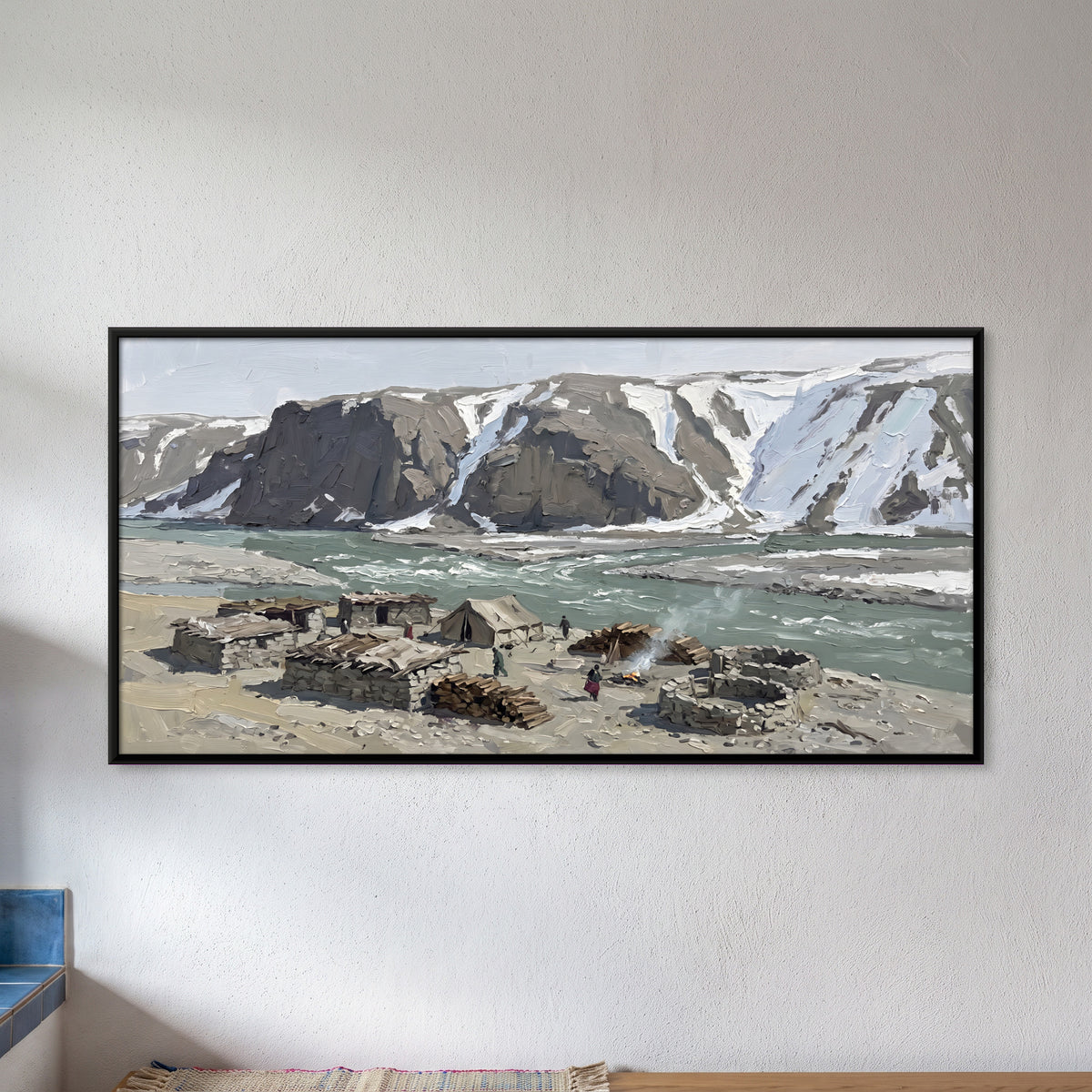 Stone Huts by a Glacial River - framed canvas art hung on a wall