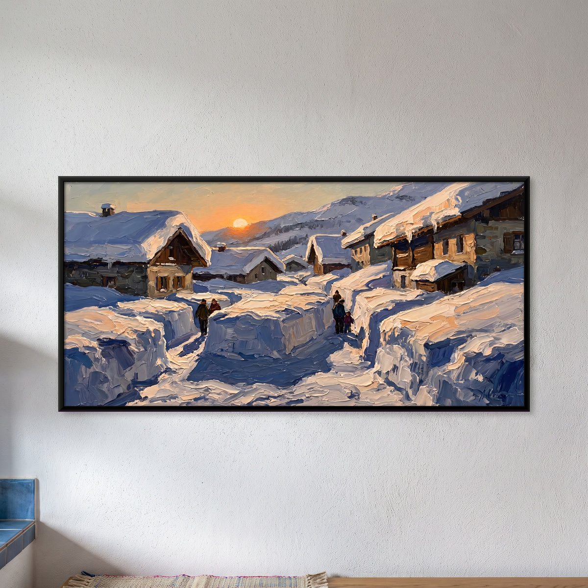 Snowbound Village at Sunrise - framed canvas art hung on a wall