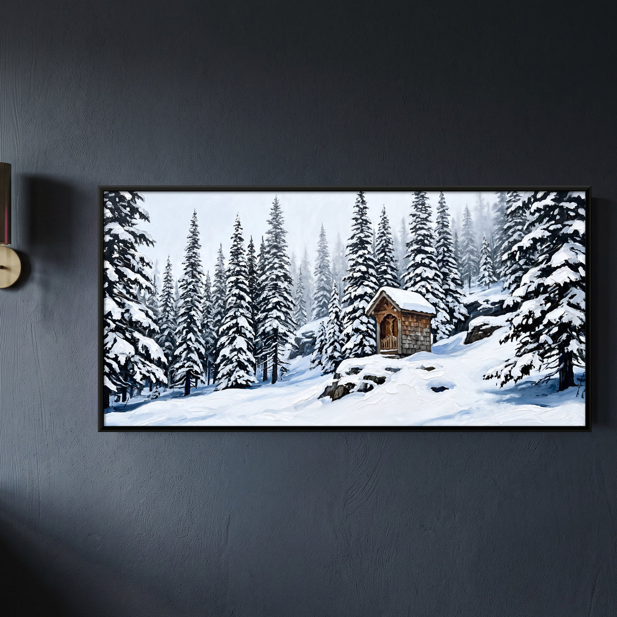 Wooden Shrine in the Snow - framed canvas art hung on a wall