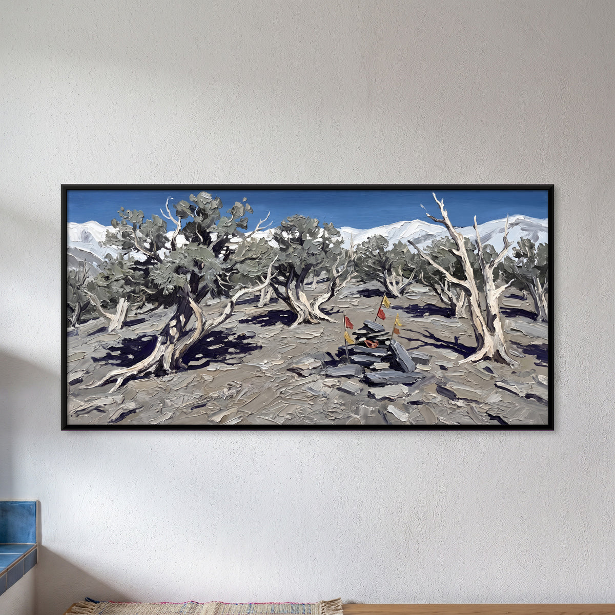 Ancient Trees and Prayer Flags - framed canvas art hung on a wall
