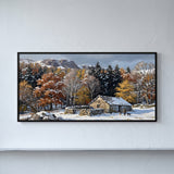 Stone Cottage in a Snowy Autumn Landscape