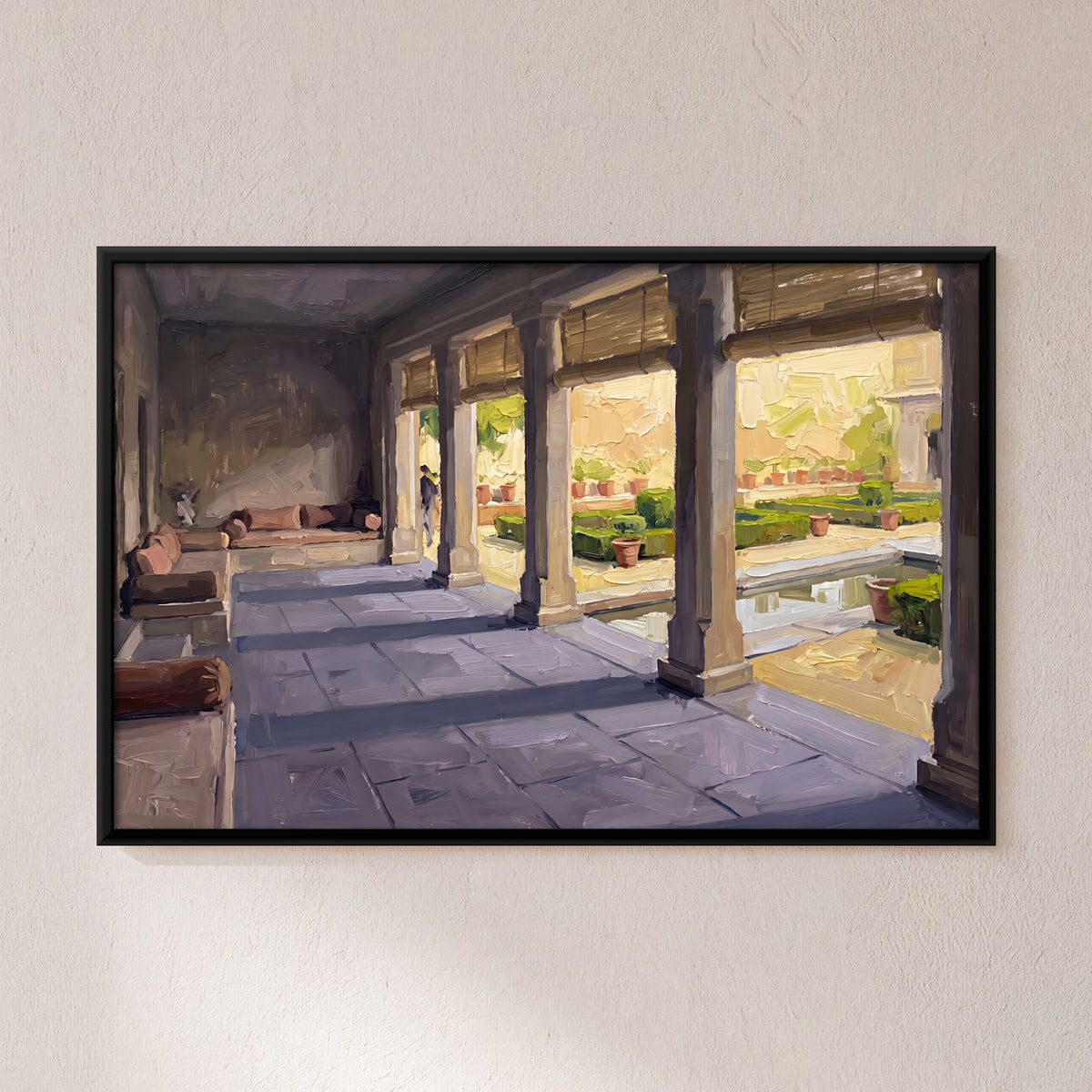 Shaded Verandah and Garden - framed canvas art hung on a wall
