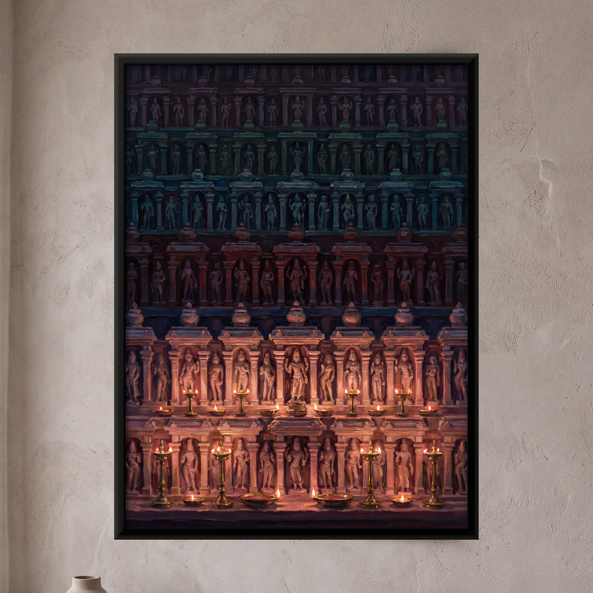 Carved Temple Wall with Oil Lamps - framed canvas art hung on a wall