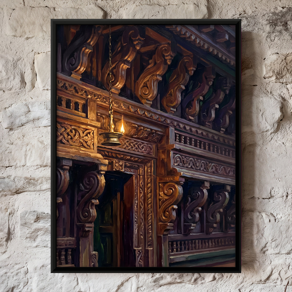 Carved Wooden Balcony at Night - framed canvas art hung on a wall