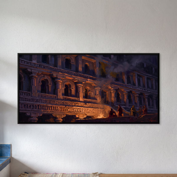 Multi-story Palace Facade Illuminated by Firelight