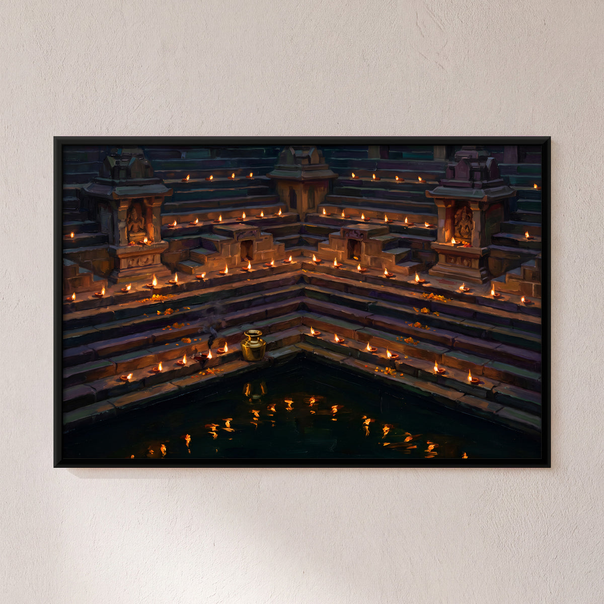 Oil Lamps on a Temple Tank - framed canvas art hung on a wall