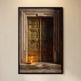 Studded Brass Temple Door with Lit Diya
