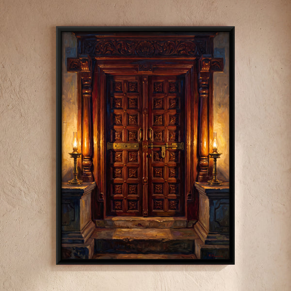 Carved Wooden Double Door with Brass Lamps