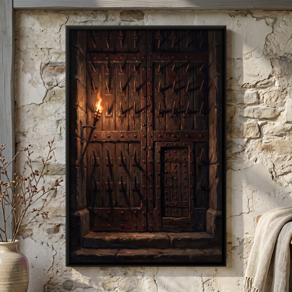 Studded Fort Gate by Torchlight - framed canvas art hung on a wall