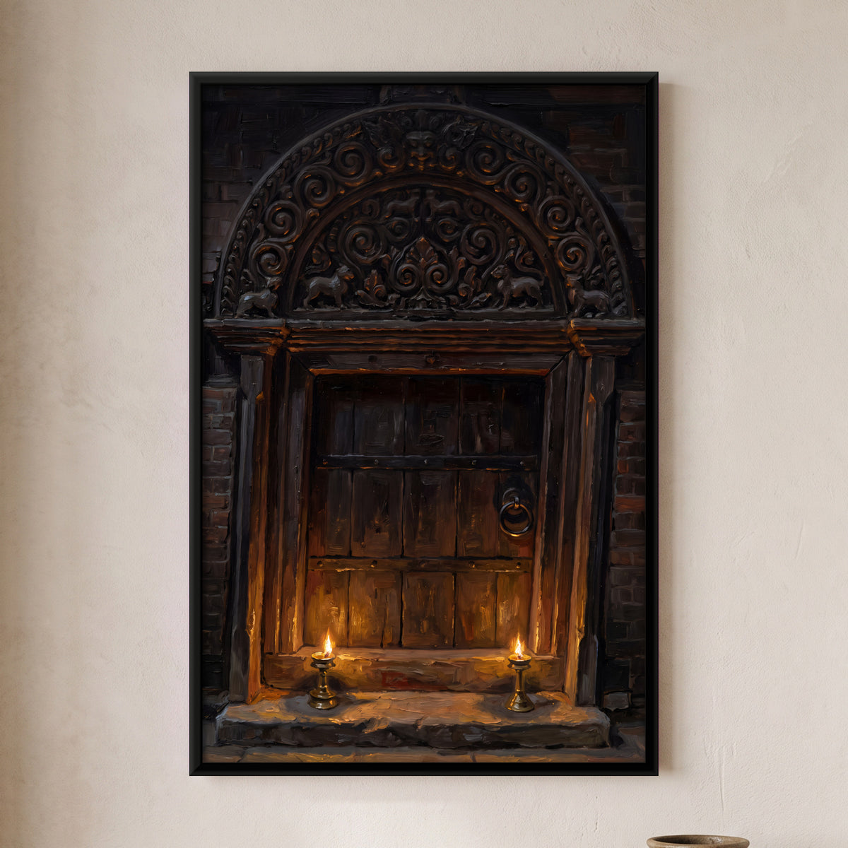 Carved Temple Doorway with Lamps - framed canvas art hung on a wall