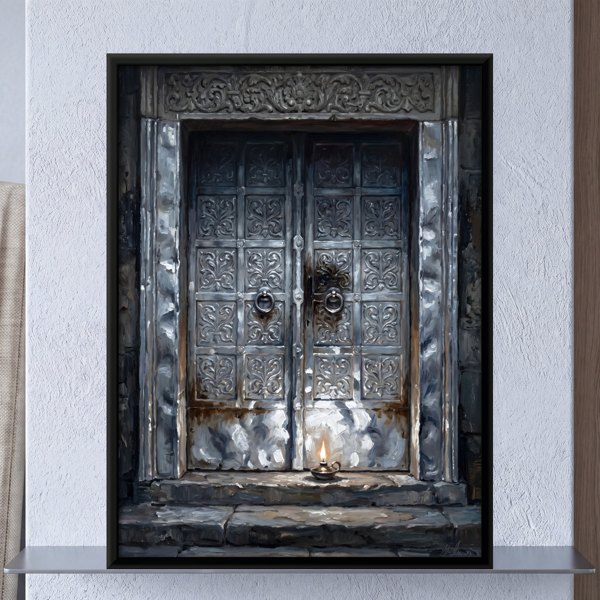 Silver Clad Doors with a Lamp - framed canvas art hung on a wall