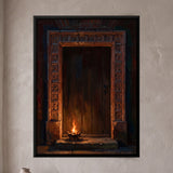 Carved Wooden Doorway Illuminated by a Small Fire