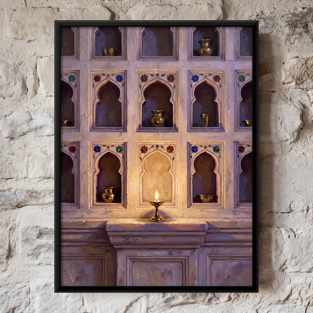 Marble Niches with Brass Vessels - framed canvas art hung on a wall