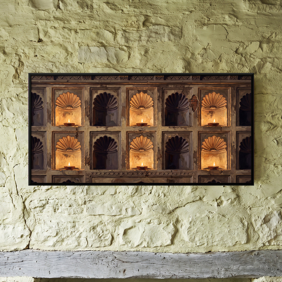 Shell Niches with Oil Lamps - framed canvas art hung on a wall