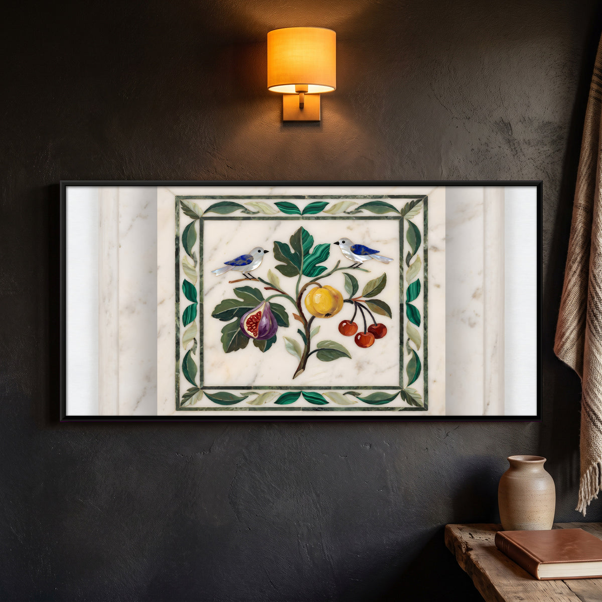 Birds and Fruit in Marble Inlay - framed canvas art hung on a wall