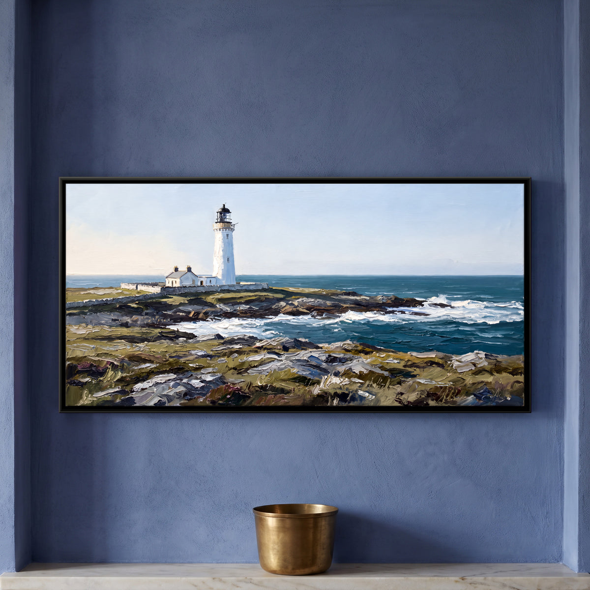 Lighthouse and Keeper's Cottage - framed canvas art hung on a wall