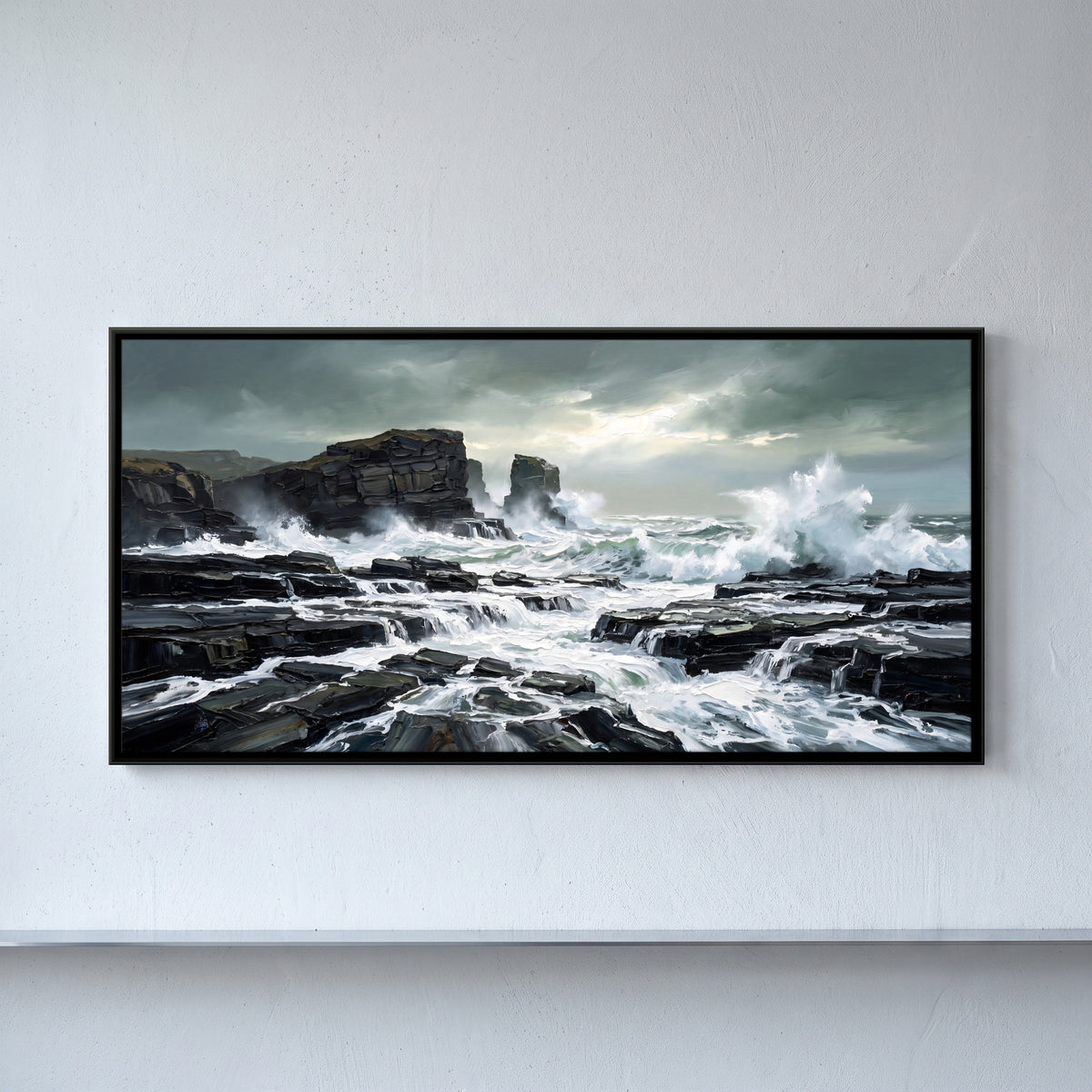 Storm Waves on a Rocky Coast - framed canvas art hung on a wall