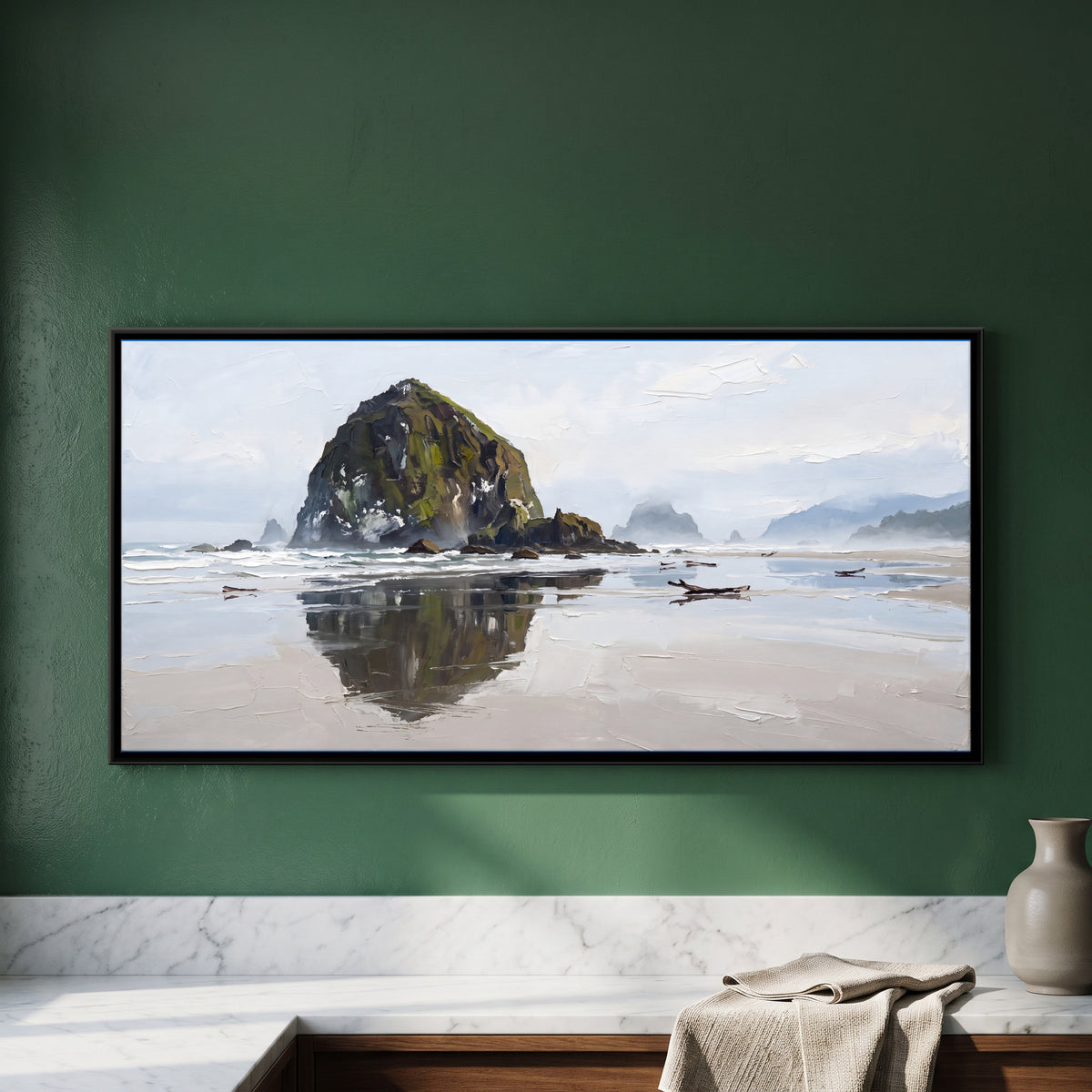 Sea Stack Reflected in Wet Sand - framed canvas art hung on a wall