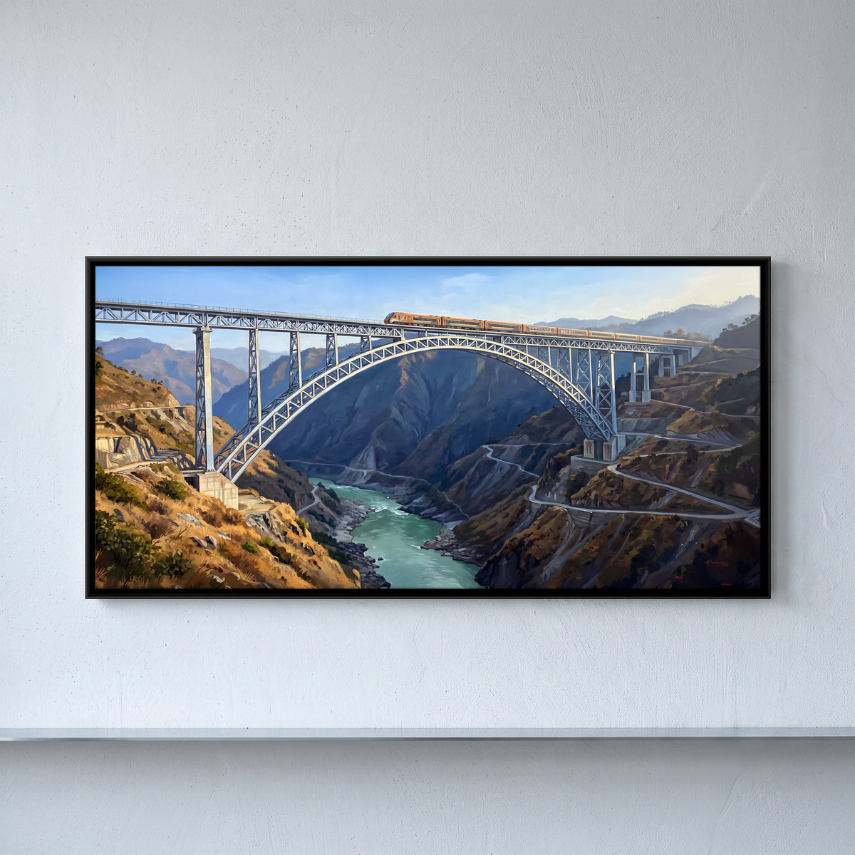 Vande Bharat Crossing the Chenab Bridge - framed canvas art hung on a wall