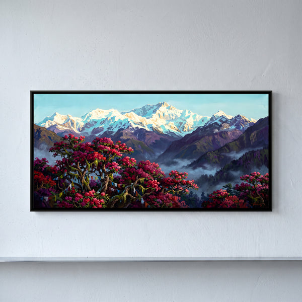 Red Rhododendrons Below Snow Peaks