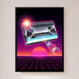 Chrome VHS Cassette Tape Floating over Neon Grid