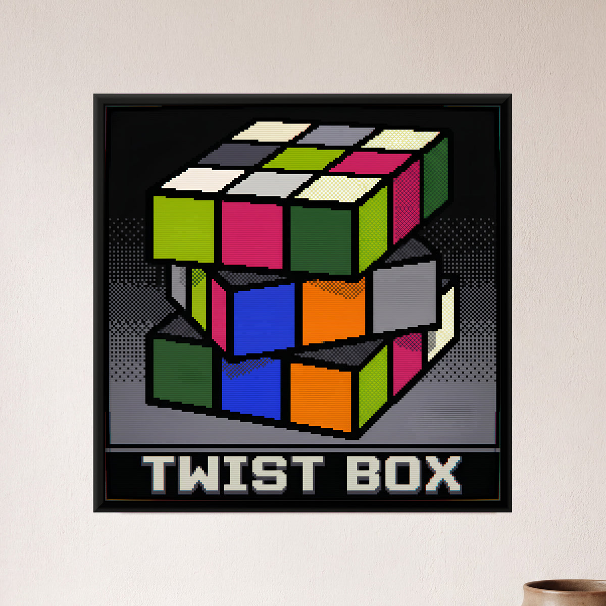 Twisting Puzzle Cube - framed canvas art hung on a wall