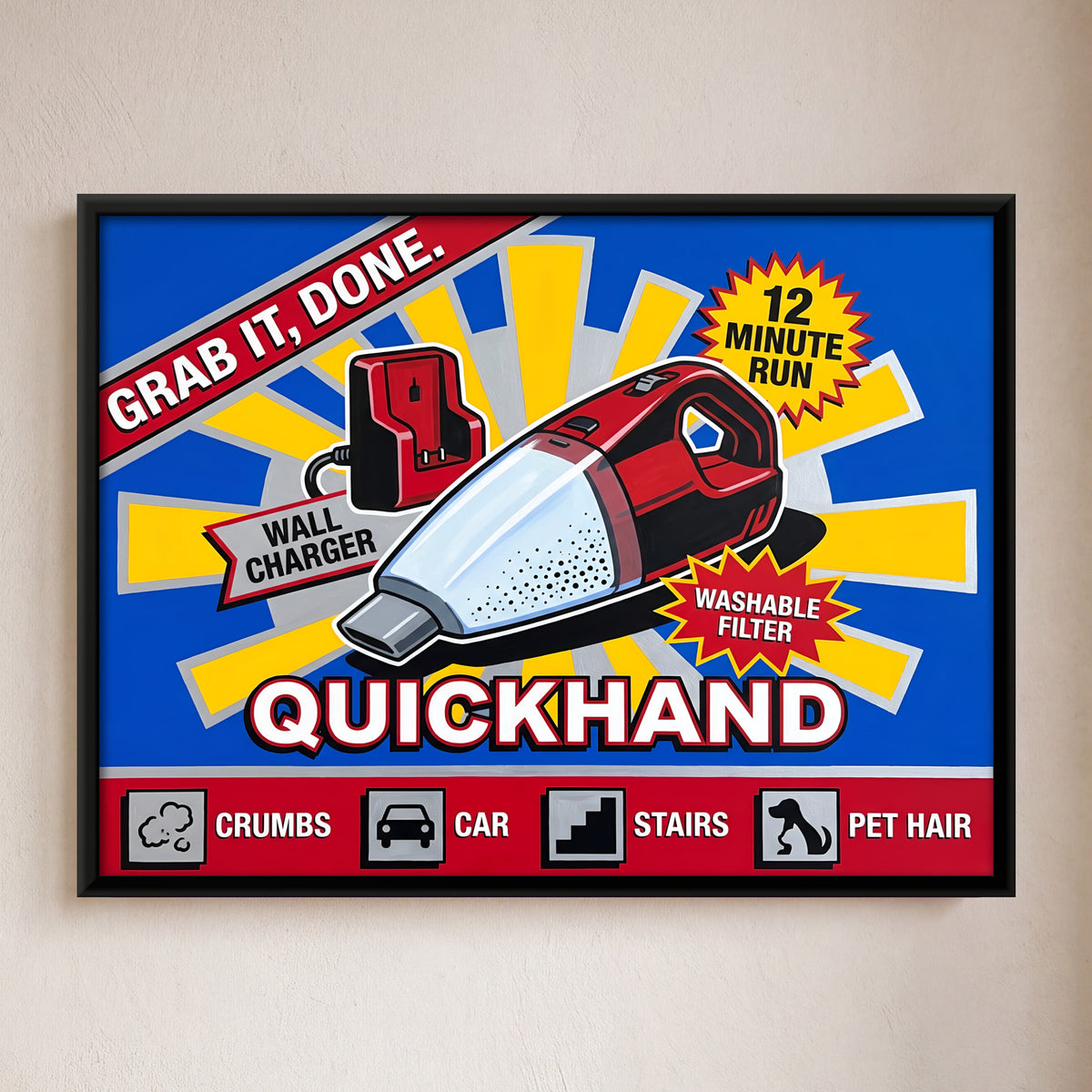 Retro Handheld Vacuum Box Art - framed canvas art hung on a wall