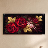 Red Roses with Gold Leaves on Dark Background
