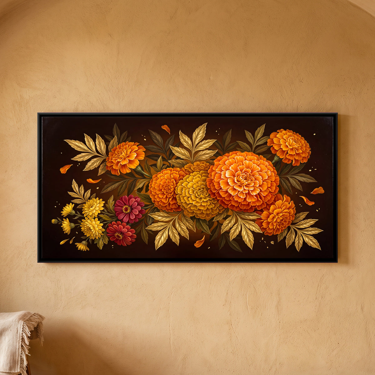 Orange Marigolds and Chrysanthemums - framed canvas art hung on a wall