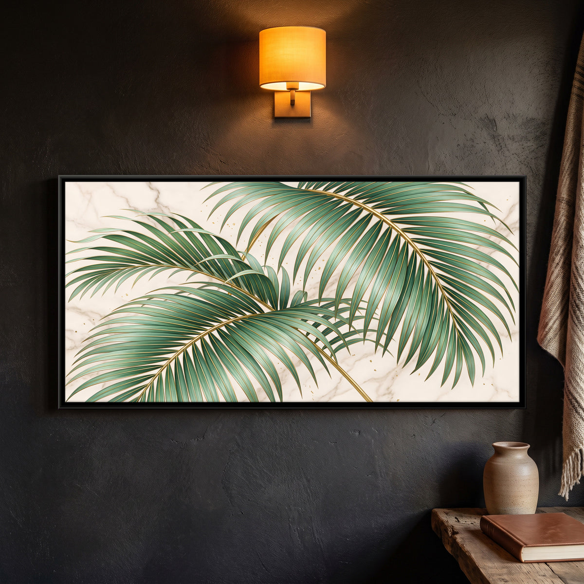 Palm Fronds on Marble - framed canvas art hung on a wall