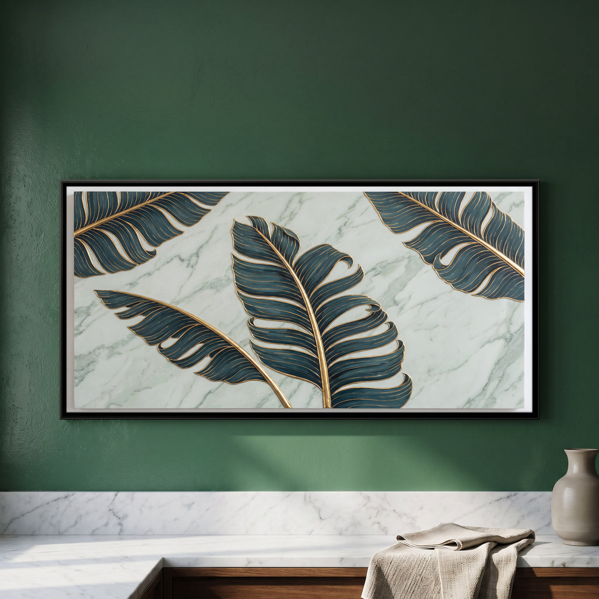 Banana Leaves on Marble - framed canvas art hung on a wall