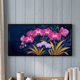 Pink Orchids and Gold Leaves on Navy Background