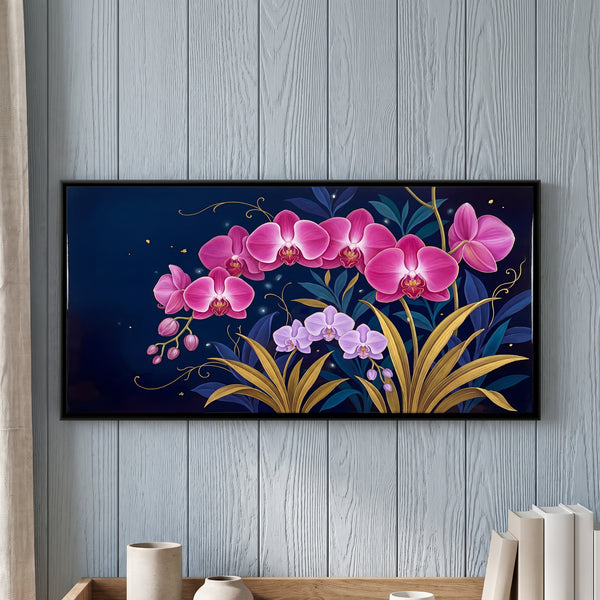 Pink Orchids and Gold Leaves on Navy Background