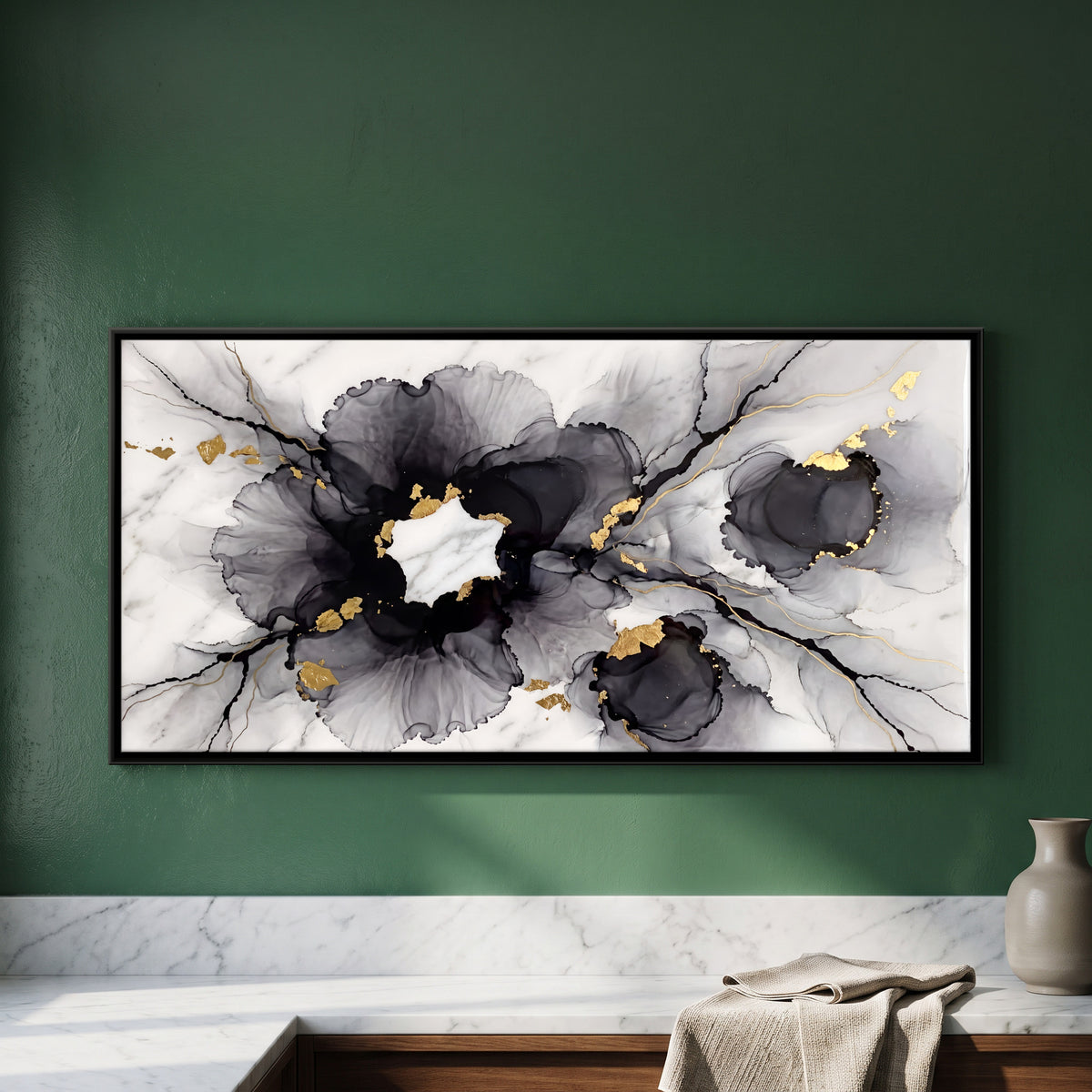 Black Ink Blooms on Marble - framed canvas art hung on a wall