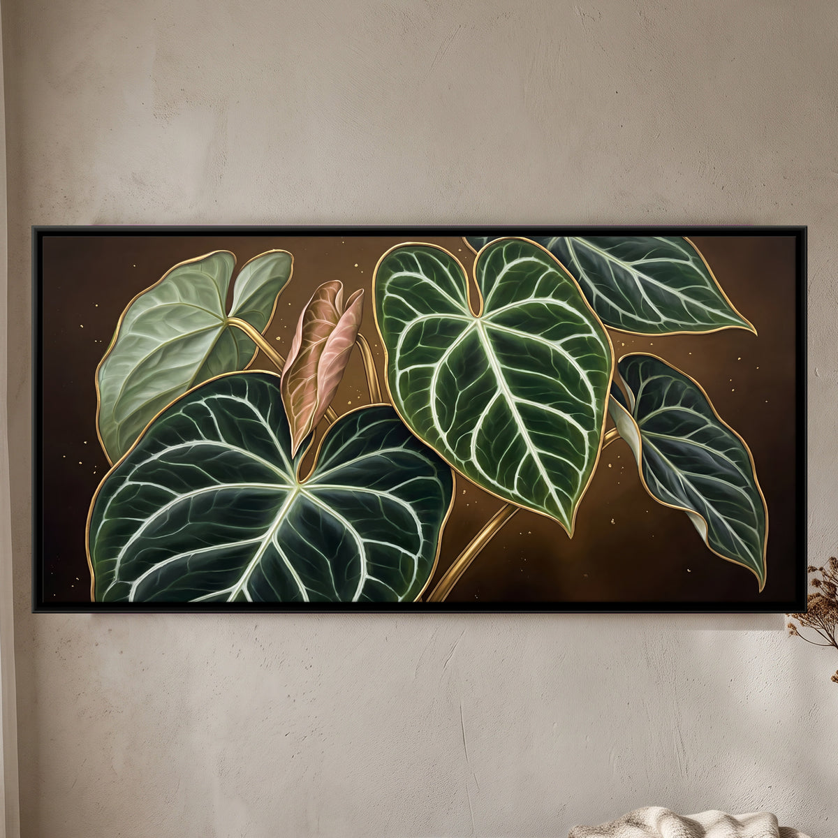 Anthurium Leaves with Silver Veins - framed canvas art hung on a wall