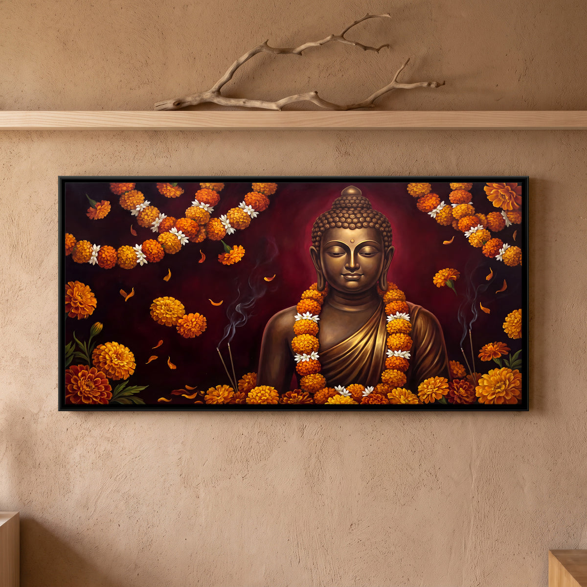 Buddha with Marigold Garlands - framed canvas art hung on a wall