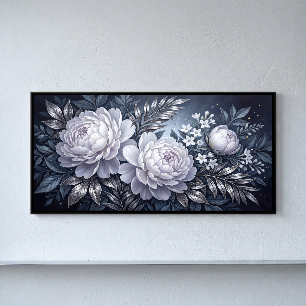 White Peonies on Navy - framed canvas art hung on a wall