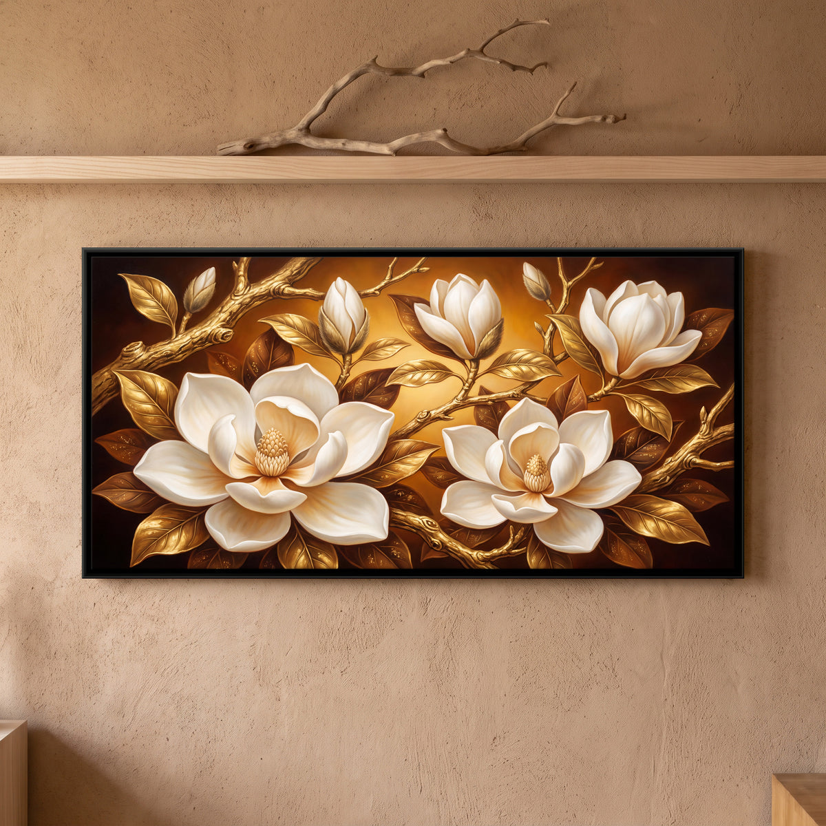 White Magnolias on Gold - framed canvas art hung on a wall
